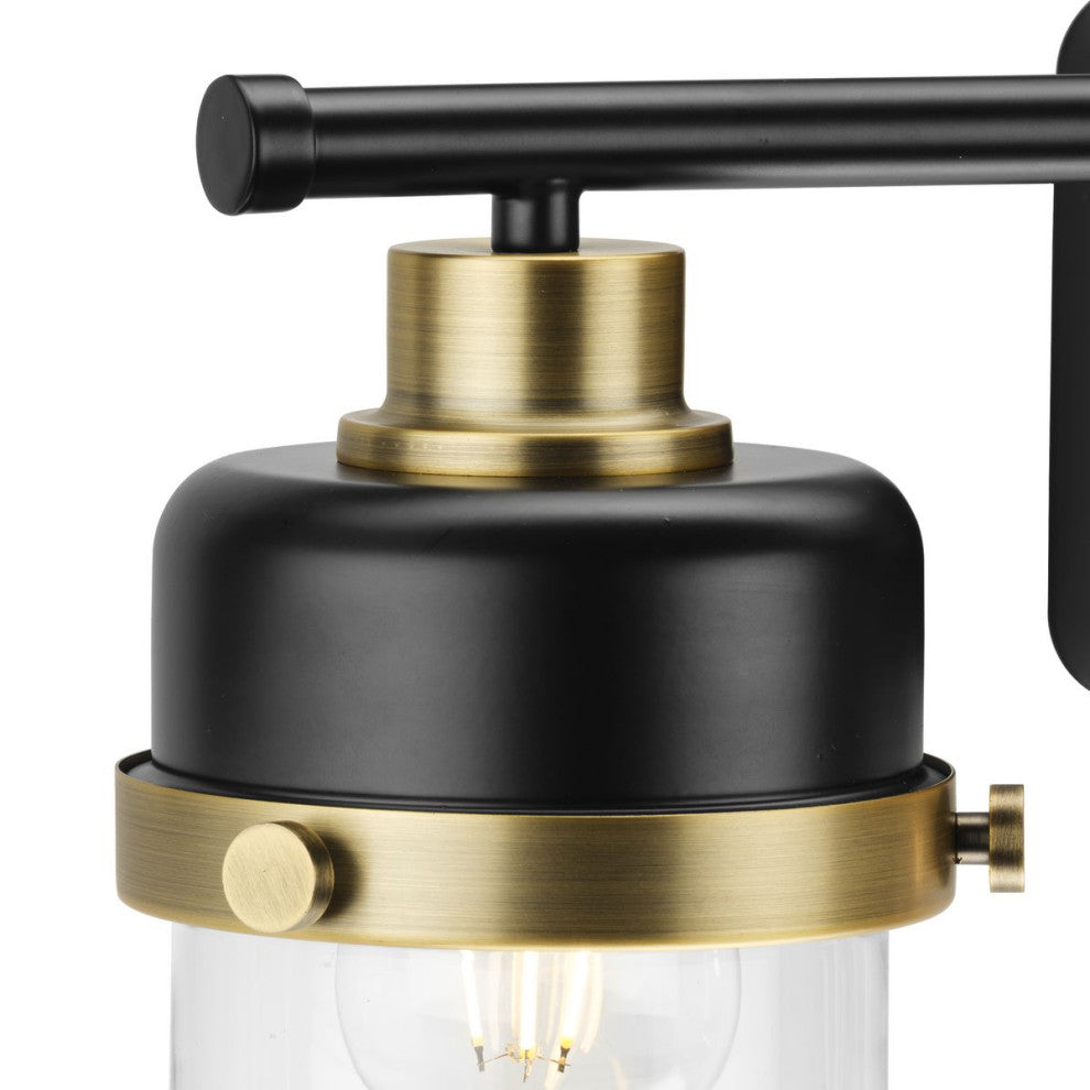 Beckner 3-Light Matte Black Clear Glass Bath Light With Vintage Brass Accents