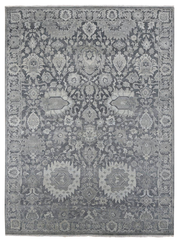 Arsenic Gray, Silk With Wool, Hand Knotted, Oushak Influence, Rug, 9'x12'4"