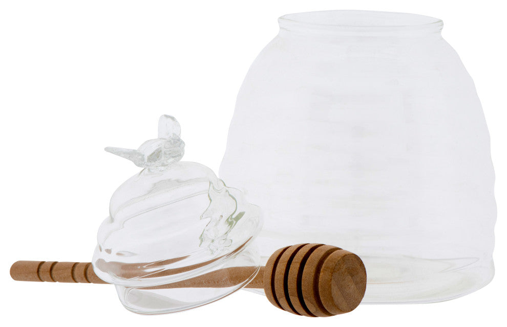 Clear Honey Pot with Lid & Bamboo Dipper (Set of 2 Pieces)