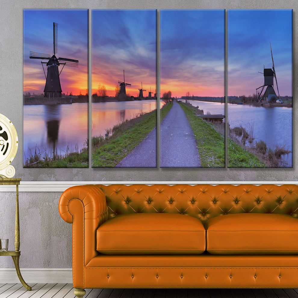 Windmills Morning Panorama, Abstract Canvas Art Print, 48"x28", 4 Panels