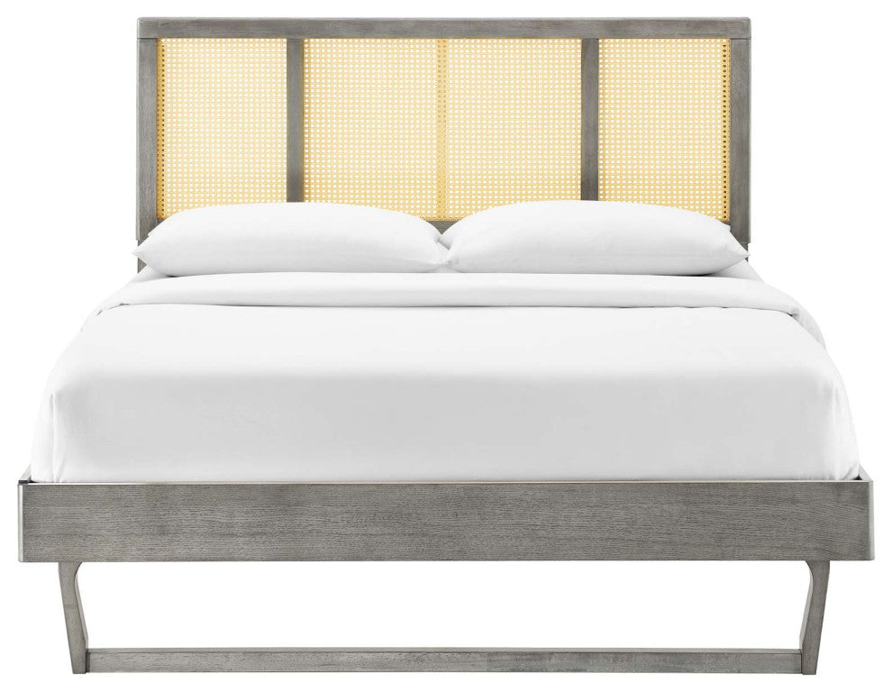 Platform Bed Frame, Queen Size, Wood, Gray, Modern Mid-Century, Bedroom