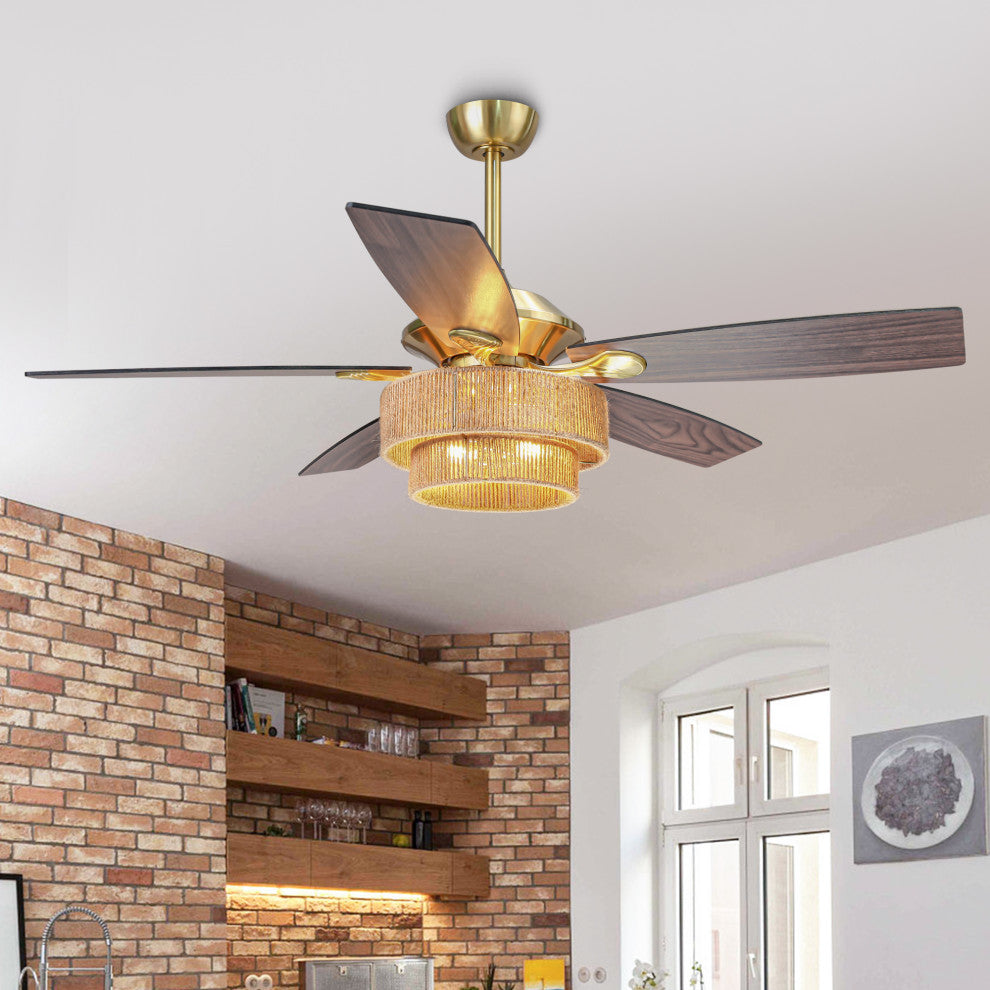 52 in Farmhouse Brushed Gold Ceiling fan with Hemp Rope Shade