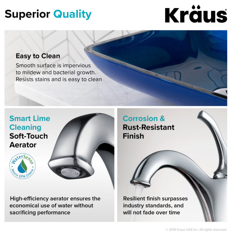 Glass Vessel Sink, Bathroom Arlo Faucet, PU Drain, Mounting Ring, Chrome