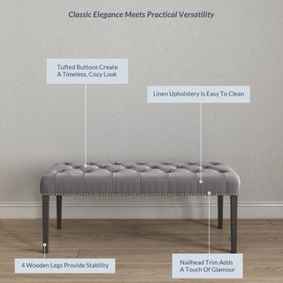 Modern Button-Tufted Ottoman Bench, Linen Fabric, Gray