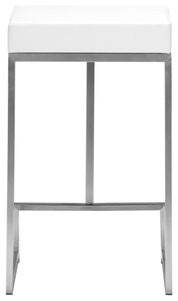 Counter Stool Chair, Set of 2, Faux Vinyl Leather, Steel, White, Silver, Cafe