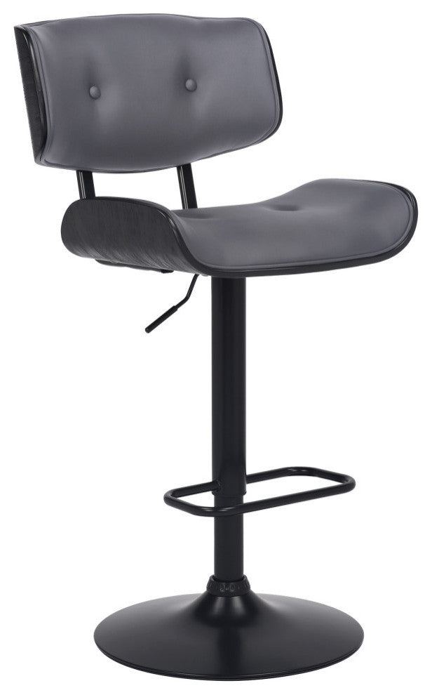 Brooklyn Adjustable Swivel Faux Leather and Wood Bar Stool With Metal Base, Gray and Black