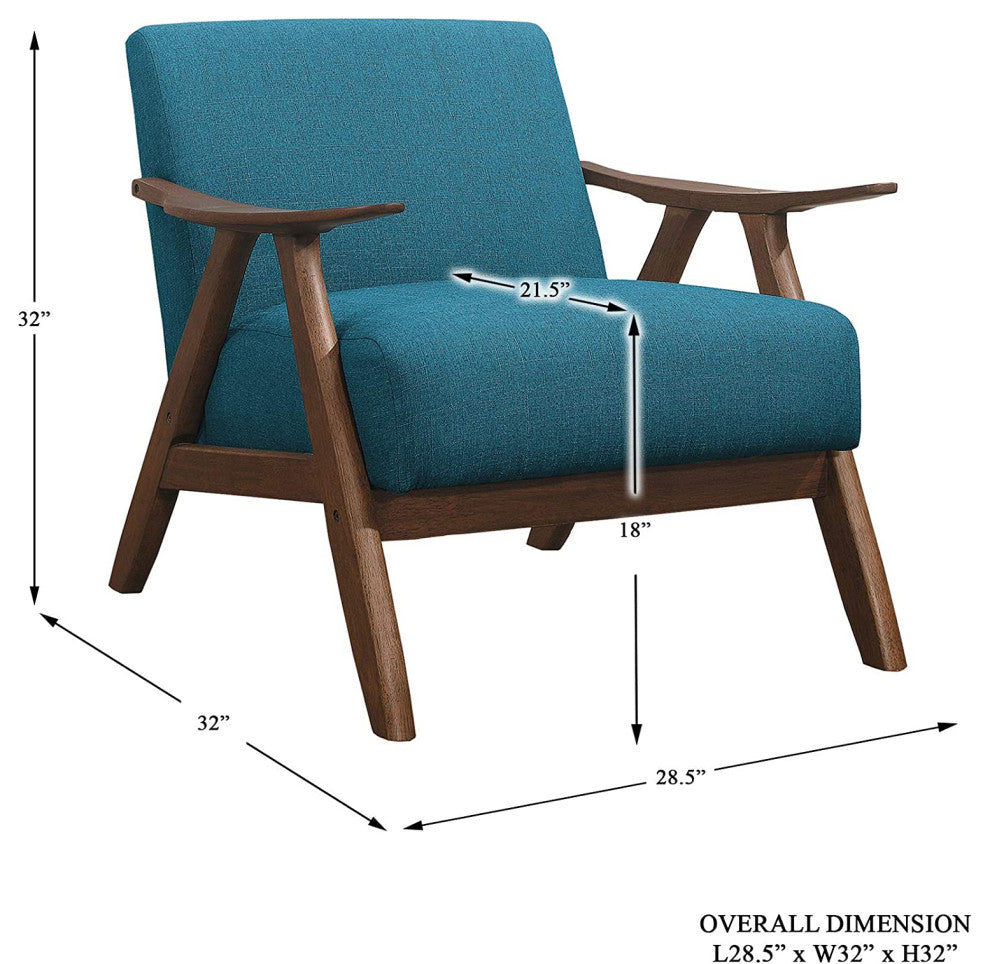 Mid-Century Blue Accent Chair, Walnut Frame, Comfy Upholstered Lounge Seat