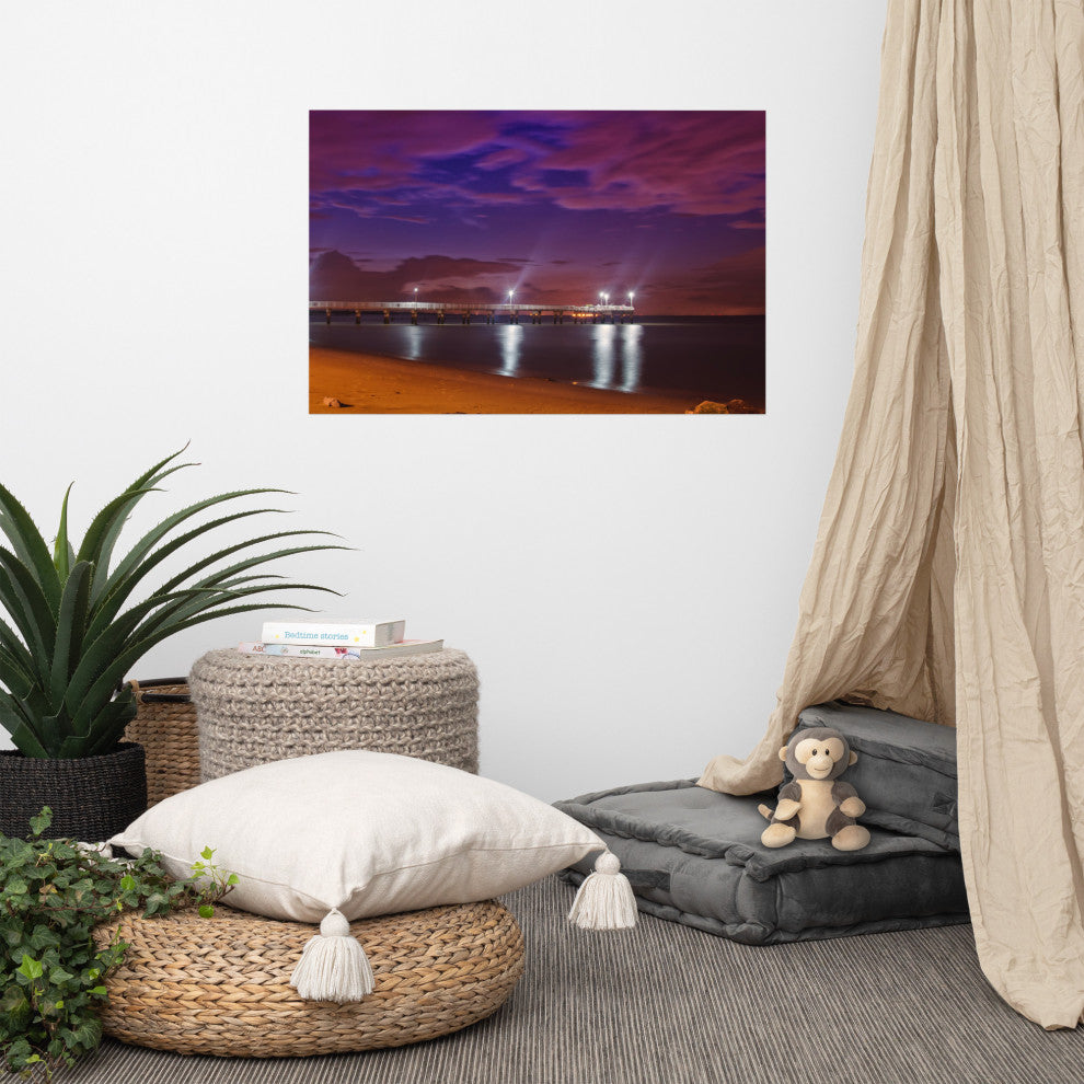 The Pier at Woodland Beach Night Coastal Photo Unframed Wall Art Print, 24" X 36"