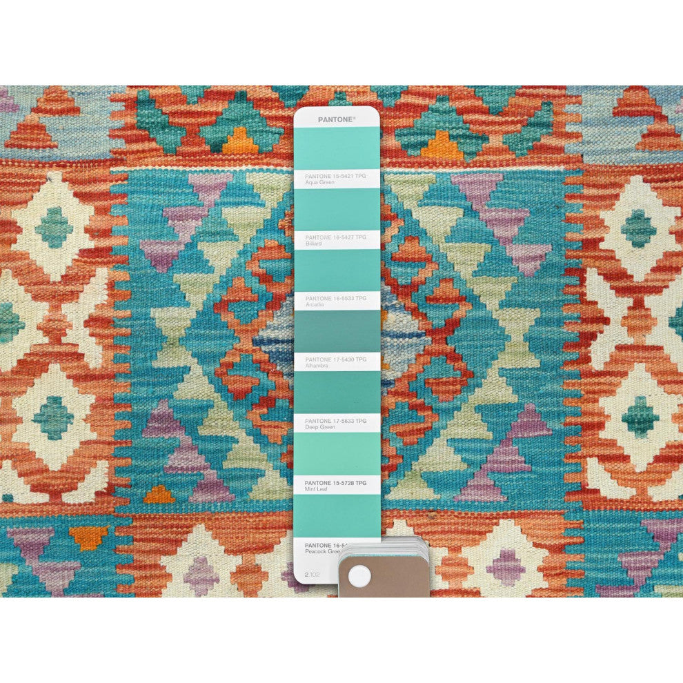 Colorful, Veggie Dyes Organic Wool Hand Woven, Afghan Kilim Rug, 9'9"x13'0"