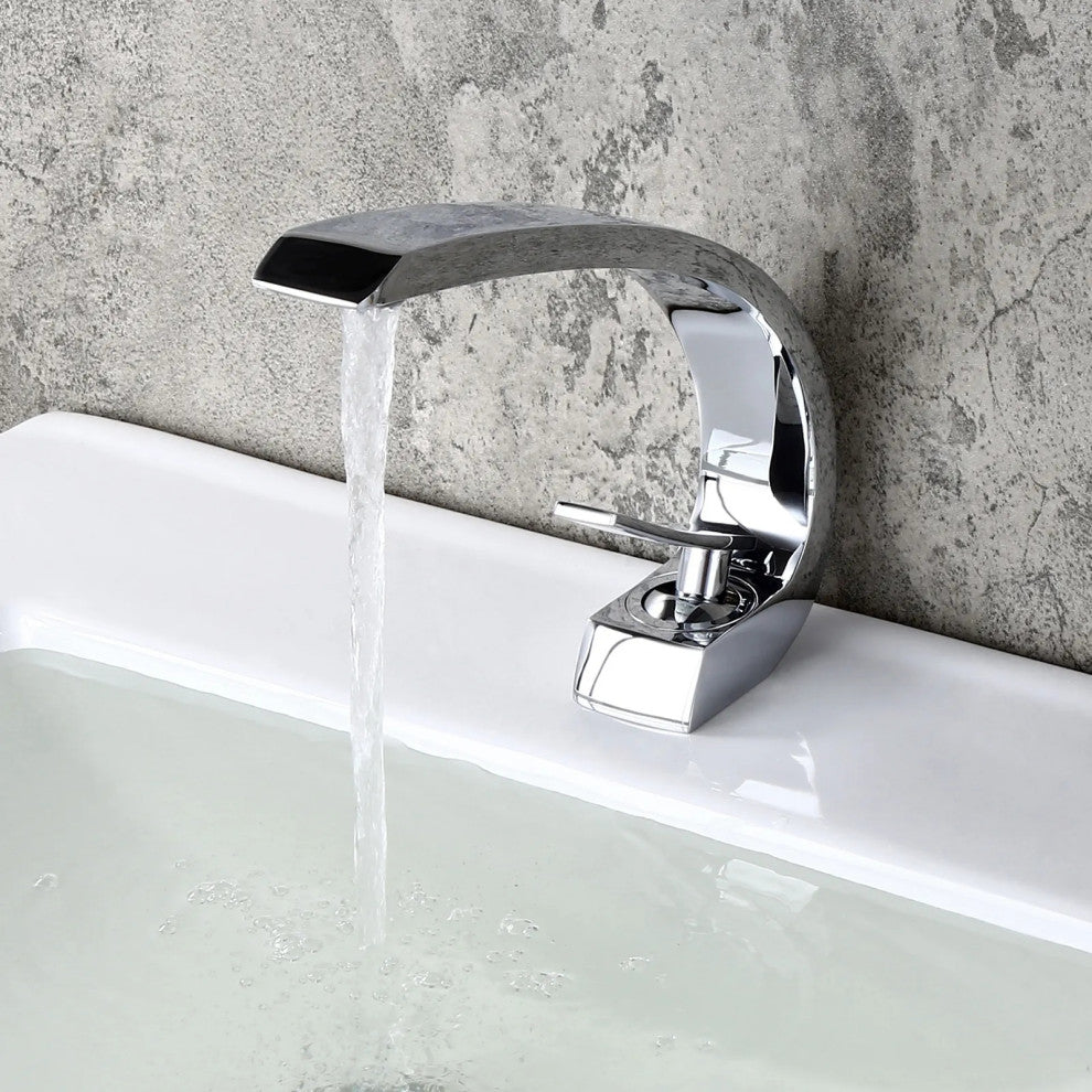 Single Hole 1-Handle Bathroom Sink Faucet Curved Spout with Pop Up Drain, Chrome
