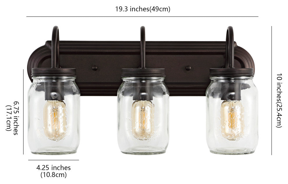 Gaines 19.3" 3-Light Farmhouse Mason Jar LED Vanity, Oil Rubbed Bronze/Clear