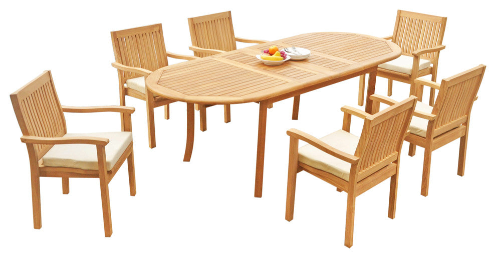 7-Piece Outdoor Teak Dining Set: 94" Oval Table, 6 Leveb Stacking Arm Chairs