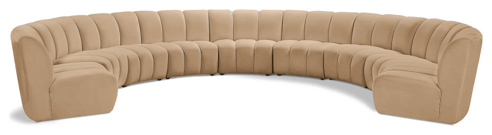 Infinity Channel Tufted Velvet Modular Chair, Camel, 9 Piece