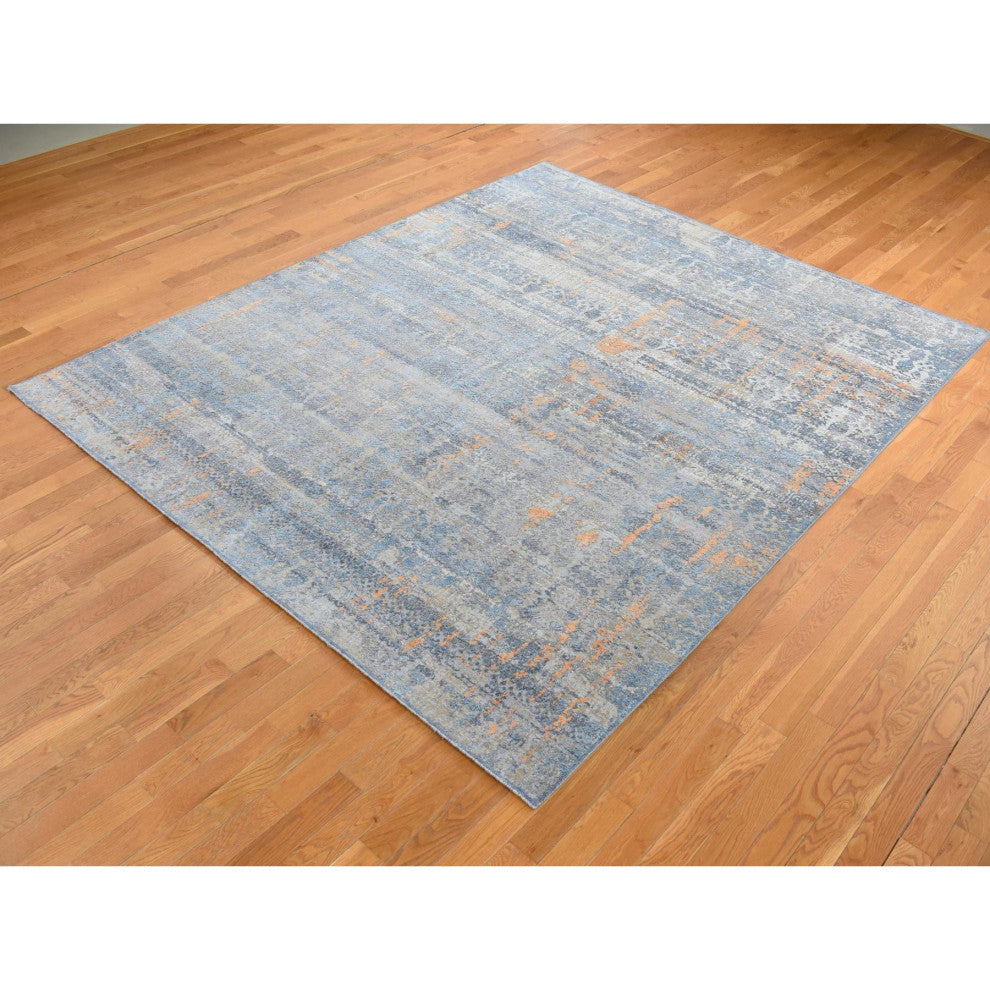 Blue Silk with Wool Tone on Tone Modern Design Hand Knotted Rug 8' x 10'