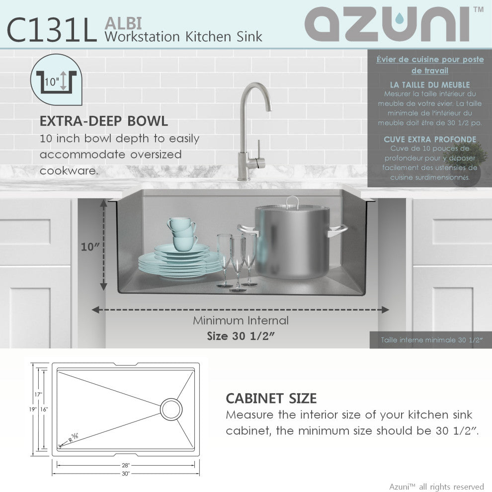 SYLISH 30"L x 19"L Single Bowl Undermount 16G Workstation Kitchen Sink