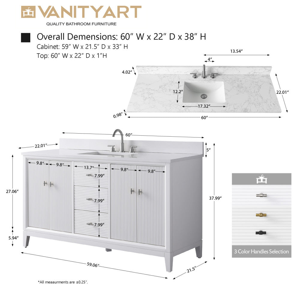 Vanity Art Bathroom Vanity with Engineered Marble Top and Sink, White, 60", Golden Brushed