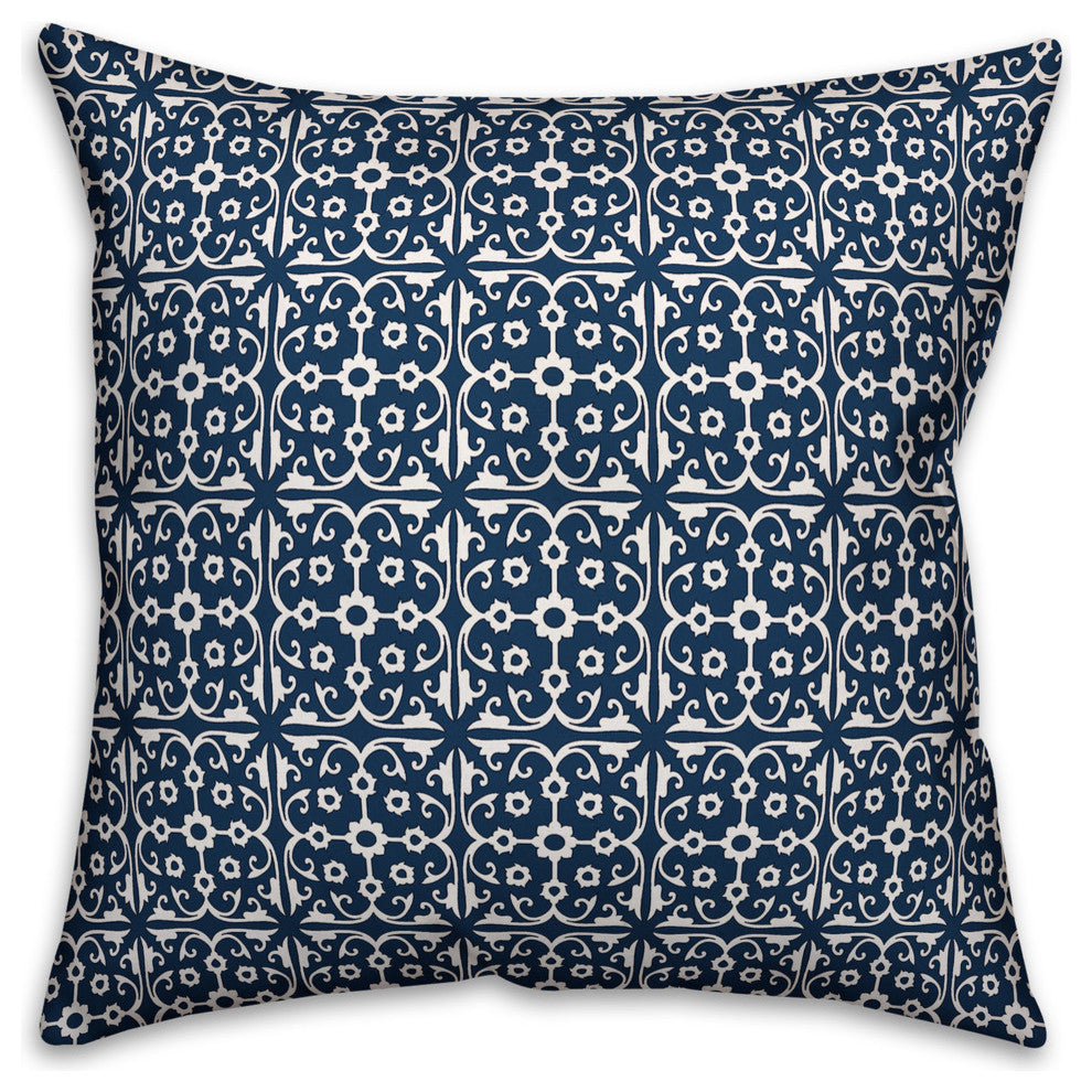 Navy with White Lace Pattern - Monogram D 18x18 Spun Poly Pillow
