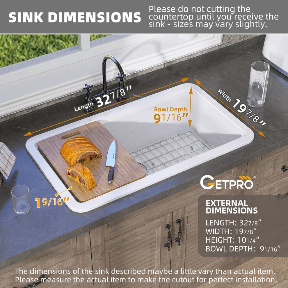 33"Lx18"W Drop-In/Undermount Single Bowl Farmhouse Kitchen Sink With Accessories