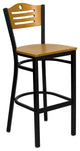 Black Slat Back Metal Restaurant Barstool, Natural Wood Back and Seat