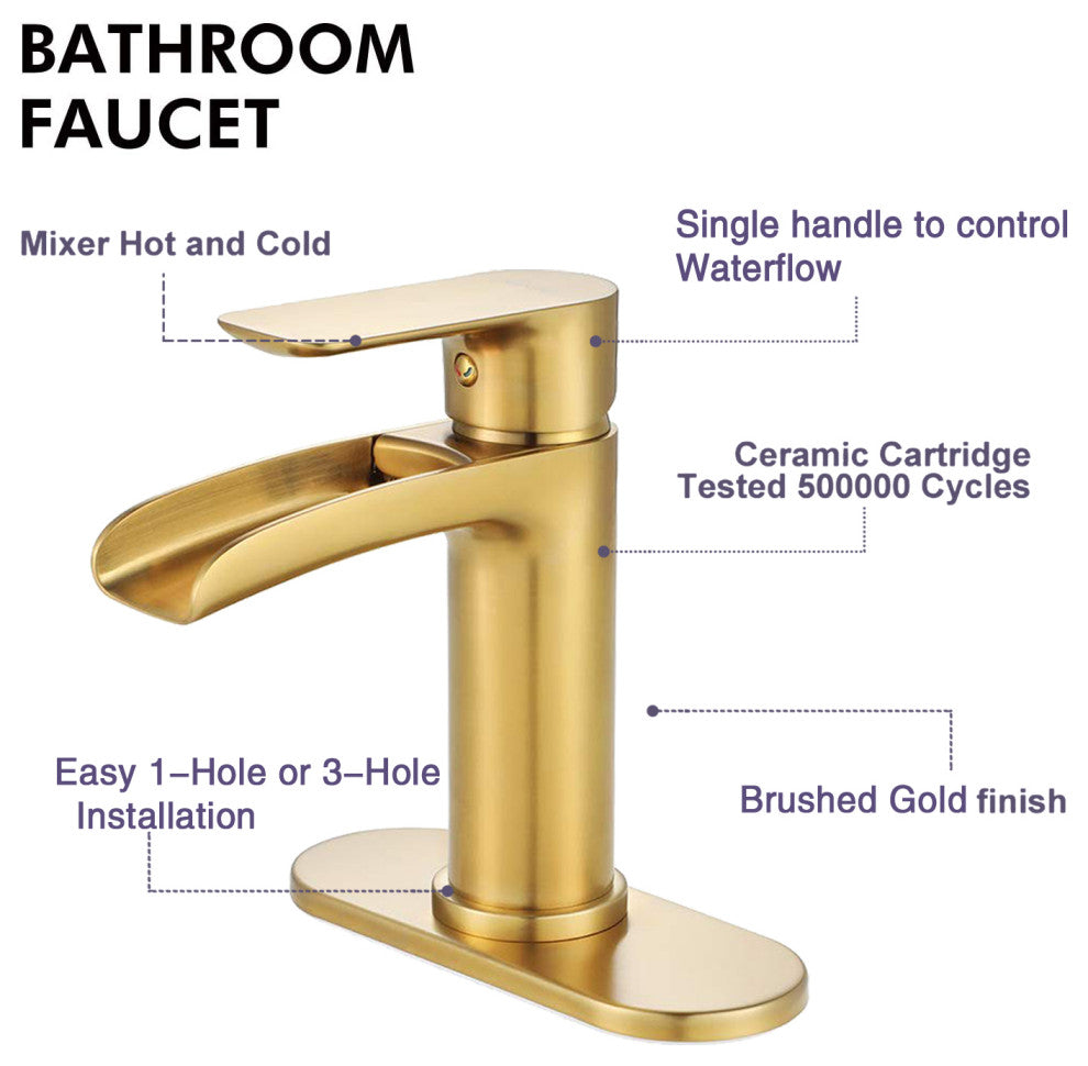 Single Hole Waterfall Spout Bathroom Faucet with Deck Plate, Brushed Gold