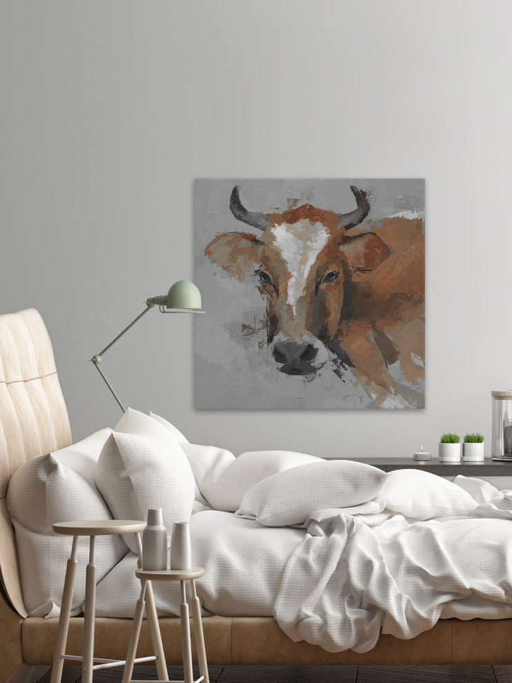 "Big Brown Cow" Painting Print on Wrapped Canvas, 12"x12"