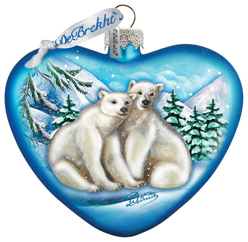 Hand Painted Scenic Glass Ornament Polar Bear Love Heart