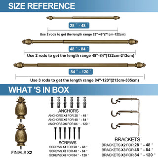 1" Pineapple Curtain Rod, 84"-120", Renaissance Gold