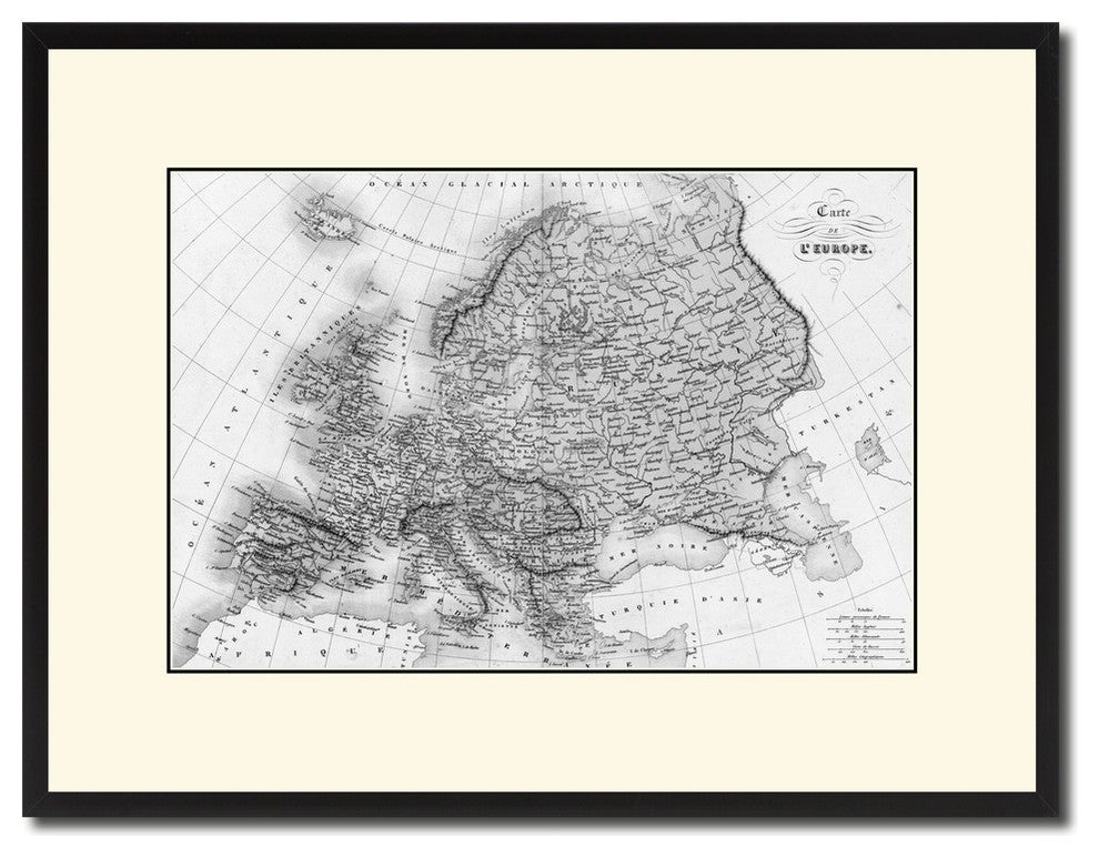 Europe Vintage Map Print On Canvas With Black Custom Frame, 16" X 21"
