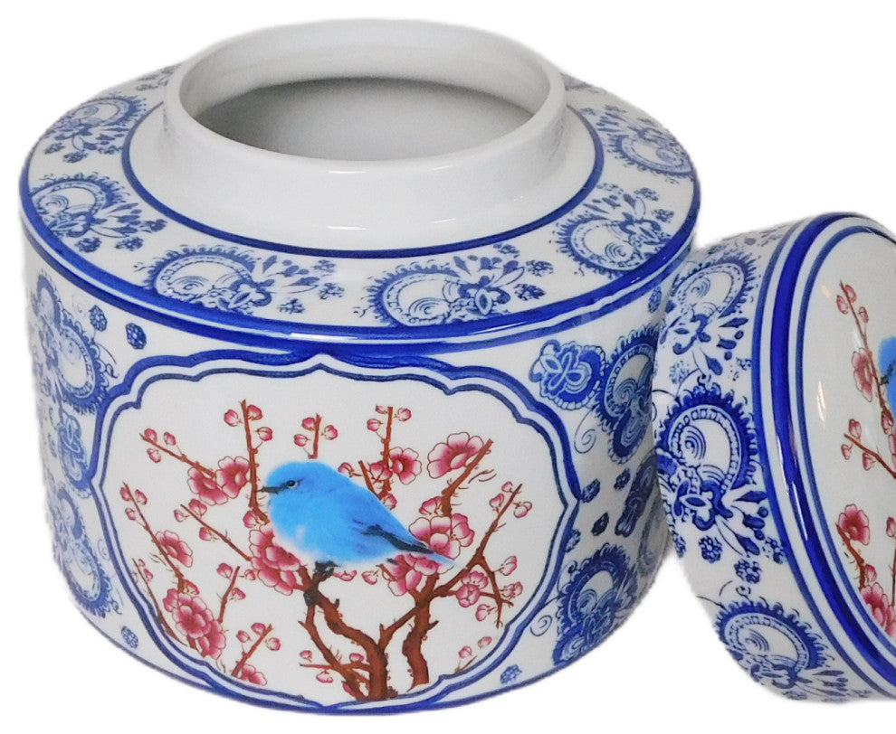 Decorative Blue and White Oriental Po Chu Round Jar