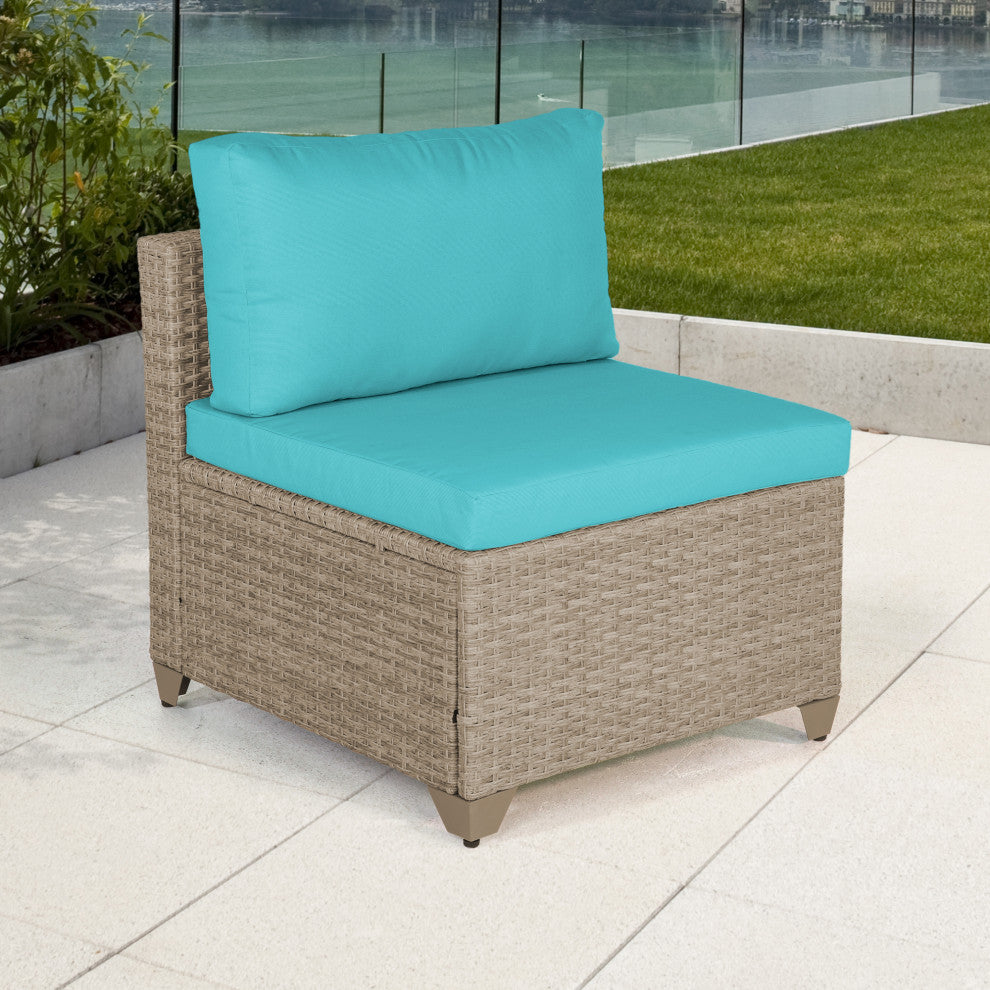 Maui Outdoor Armless Sofa, Natural Aged Wicker, Cyan