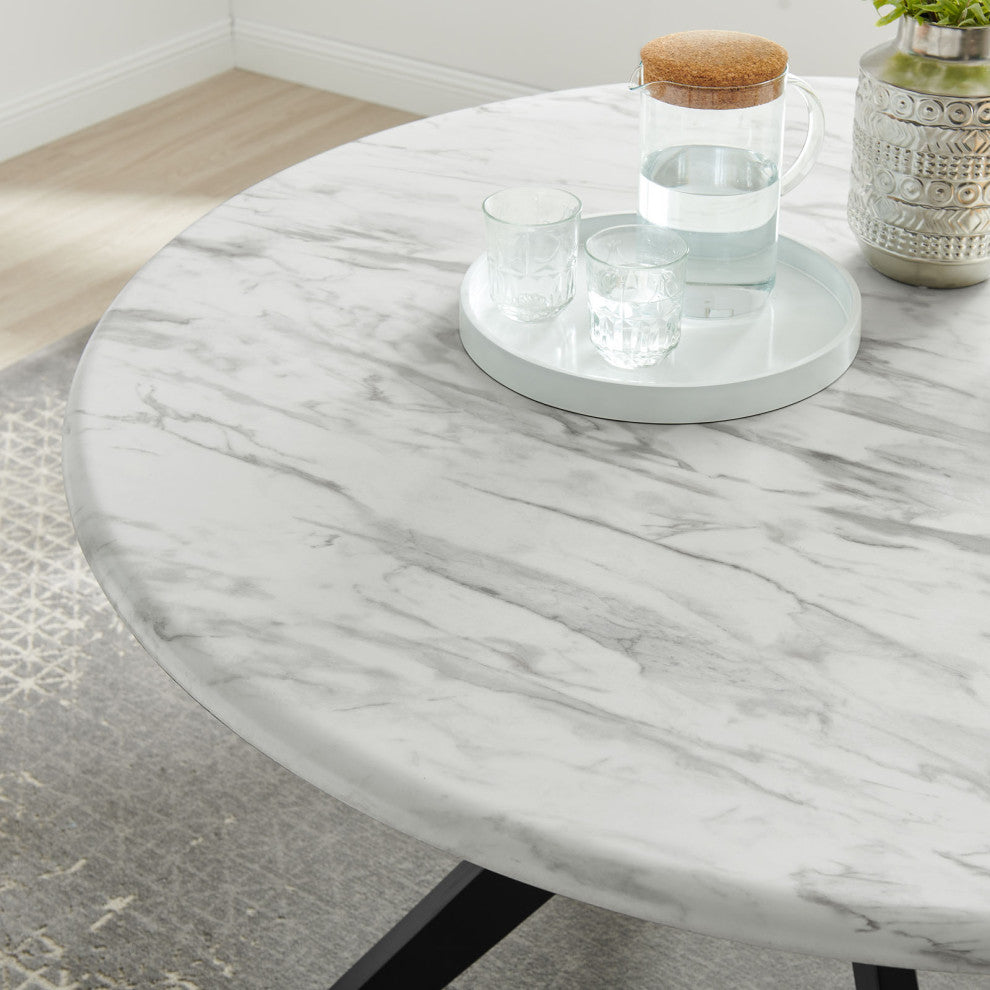 50" Dining Table, Round, White Black, Wood, Artificial Marble, Modern