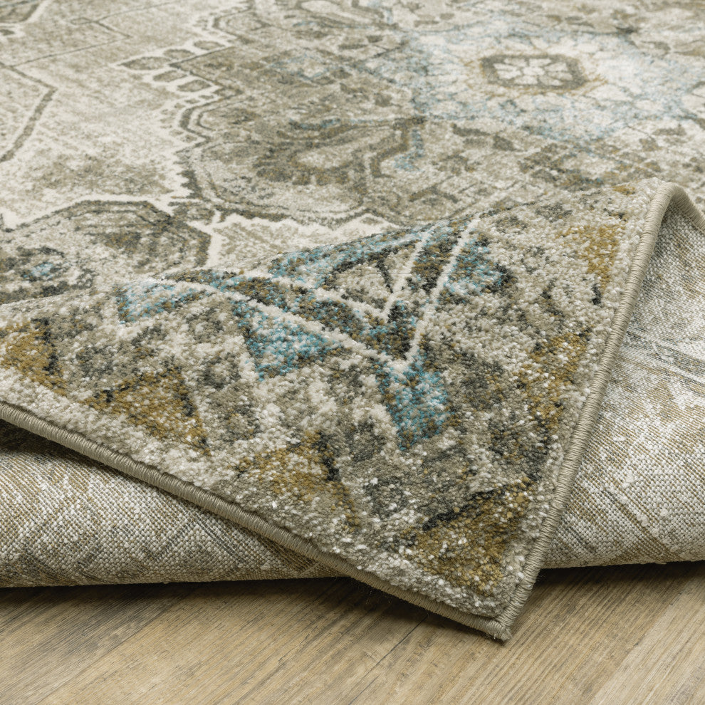 Vander Traditional Jewel Drop Gray/Blue Power-Loomed Area Rug, 9'10"x12'10"