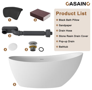 59in White Solid Surface Freestanding Soaking Bathtub with Drain, 59in