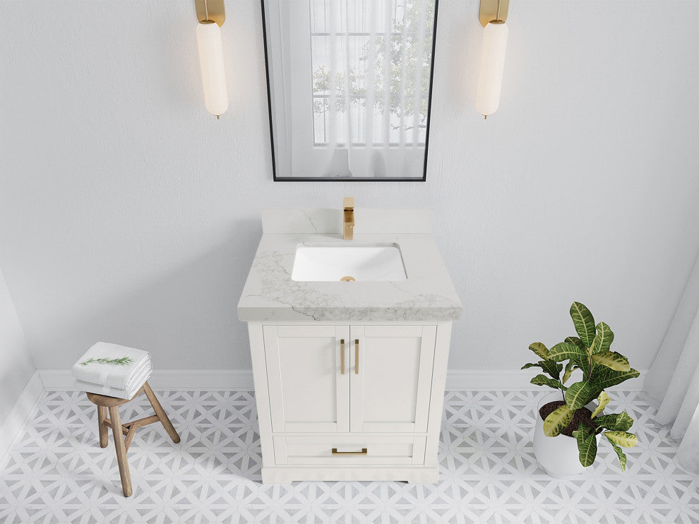 Boston 30" Single Sink Bath Vanity in Alabaster 2" Calacatta Nuvo