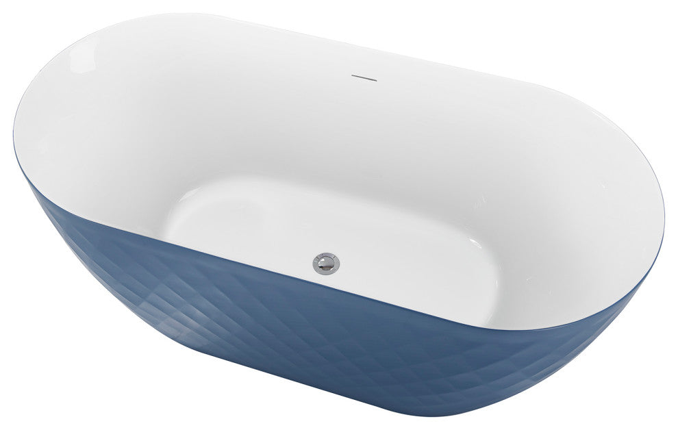 59 Inches Acrylic Freestanding Flatbottom Soaking Bathtub, Drain, Matte Blue