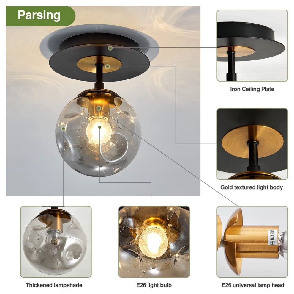 Mini globe glass ceiling light industrial balck semi flush mount ceiling light f