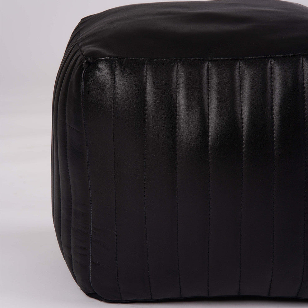 Poufs-Solid Handmade Goat Leather Pouf, Recycled Cotton Fill, Black, 14x14x14