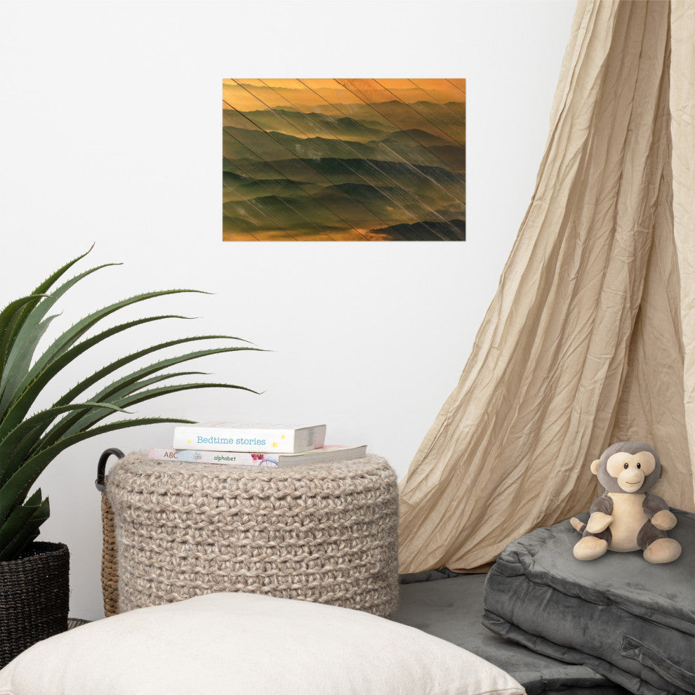 Faux Wood Foggy Mountain Layers at Sunset Landscape Unframed Wall Art Prints, 12" X 18"