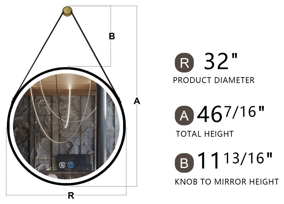 32'' Round Metal Framed Smart 3-Color Dimmable Anti-Fog LED Vanity Mirror, Gold