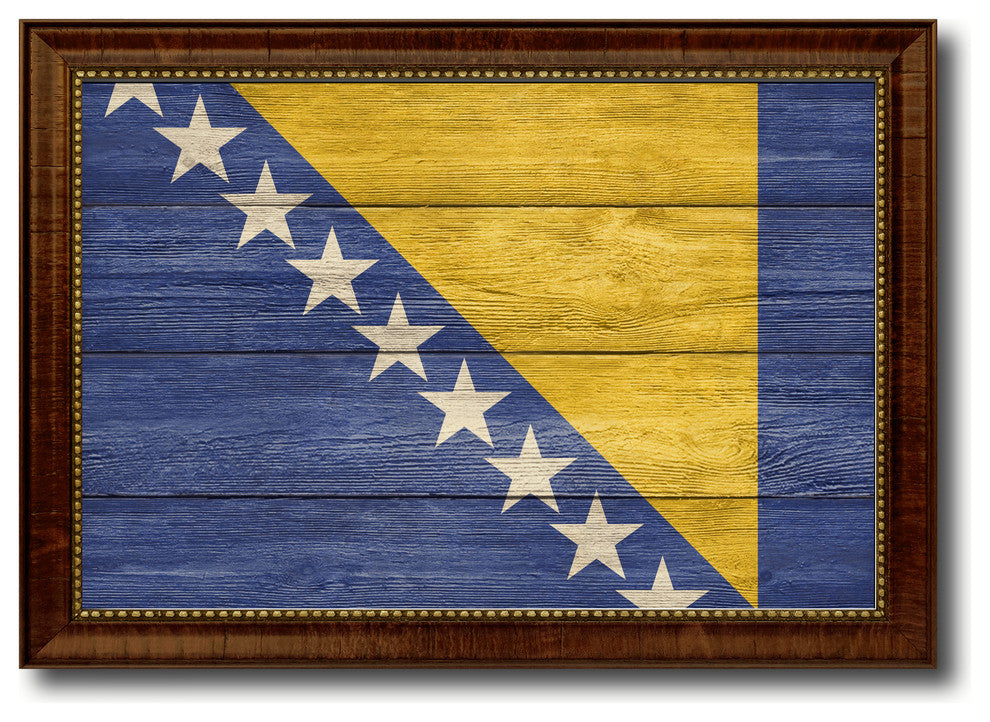 Bosnia Country Textured Flag Print With Brown Gold Frame, 19"X27"