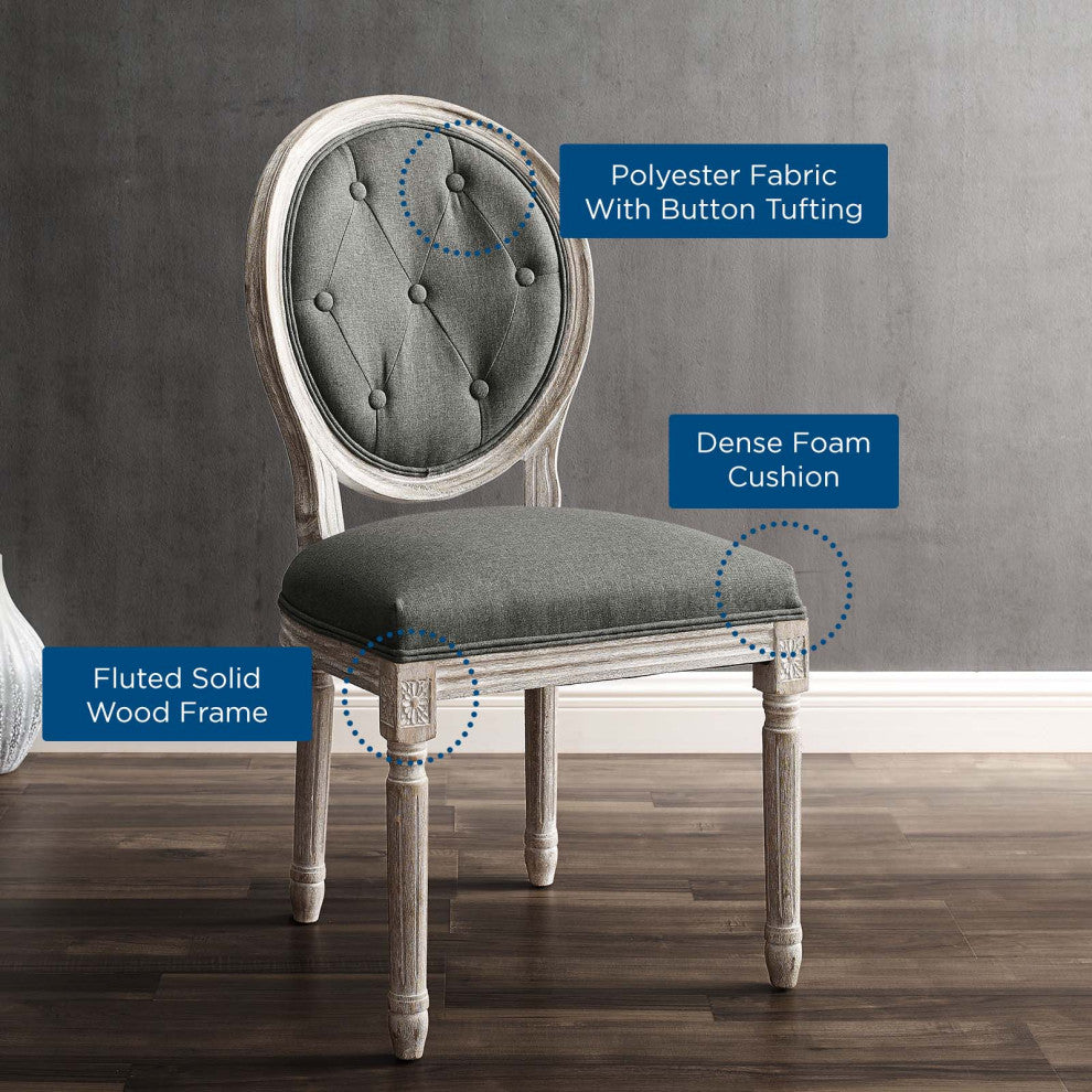 French Vintage Side Dining Chair, Fabric, Wood, Brown Natural Gray, Modern