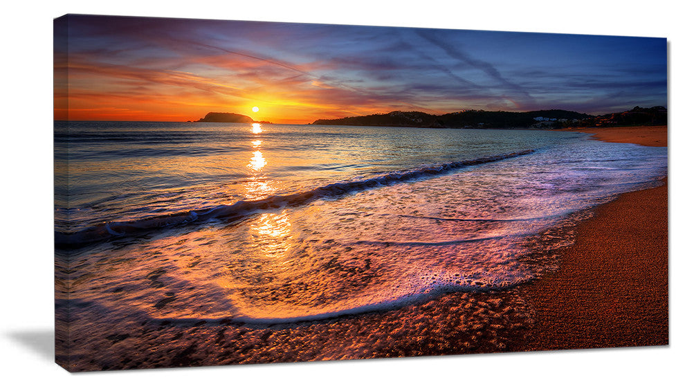 Foaming Waves at Beautiful Sunset, Seashore Canvas Art Print, 32"x16"