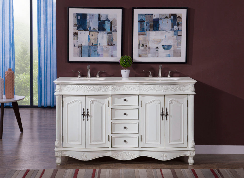 60" Double Bathroom Vanity, with Ivory White Engineered Marble in Antique White