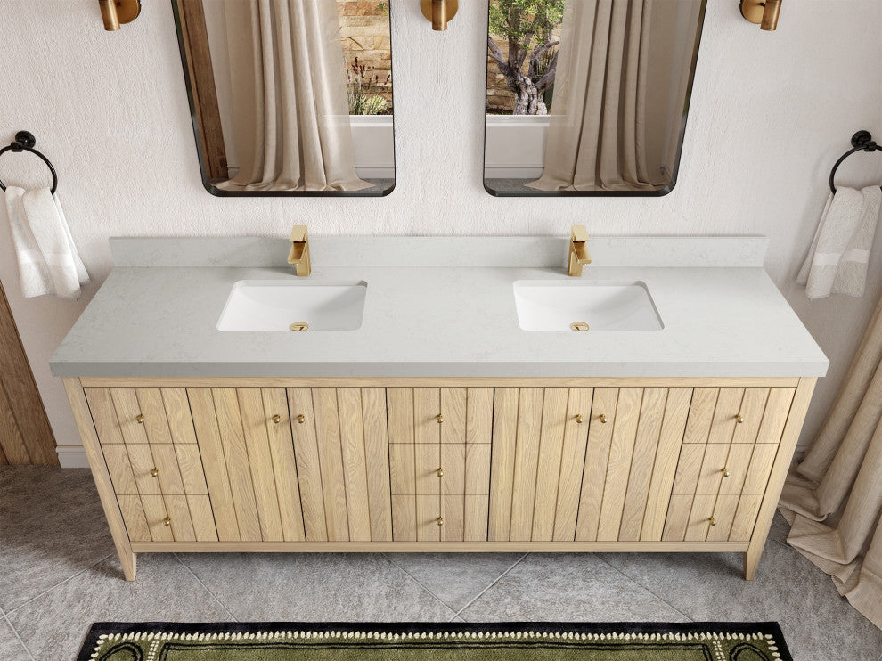 Atlanta Oak 84" Double Sink Bath Vanity, White 2" Carrara Quartz