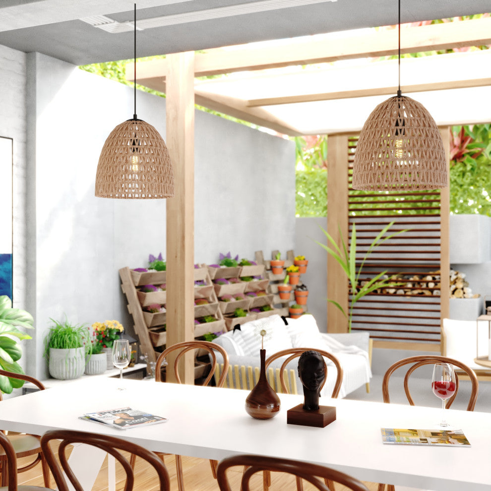 Nassau 1L Matte Black Transitional Pendant Light Natural Woven Rope Shade