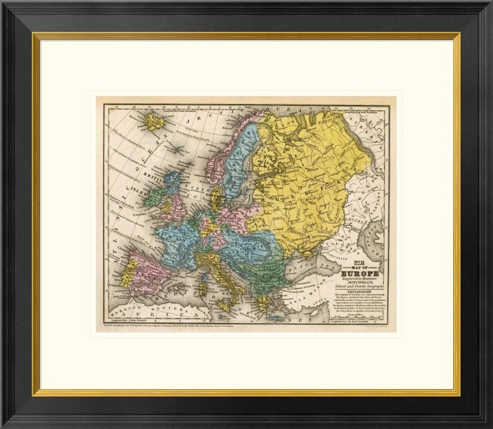 "Map of Europe, 1839" Framed Digital Print by Samuel Augustus Mitchell, 26"x22"