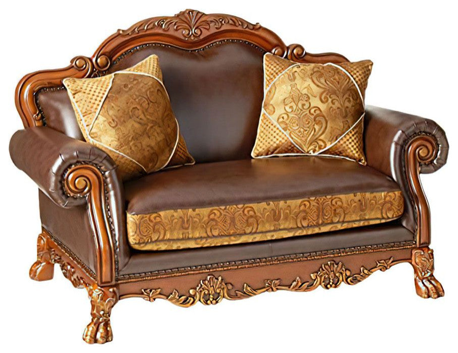 Dresden Loveseat With 2 Pillows, Brown PU and Chenille, Cherry Oak