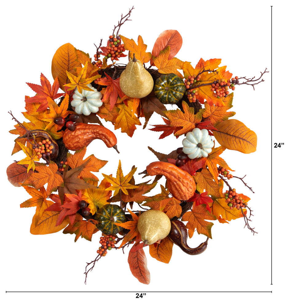 24" Autumn Pumpkin, Gourd and Berries in Assorted Colors Artificial Fall Wreath