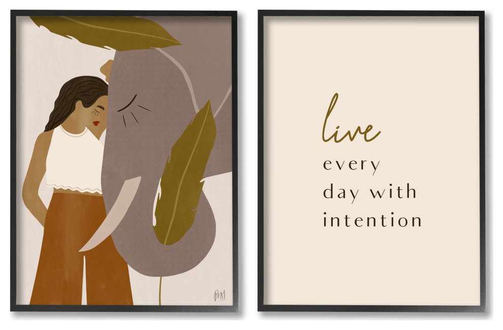 Live Everyday with Intention Woman Resting Against Elephant,16 x 20