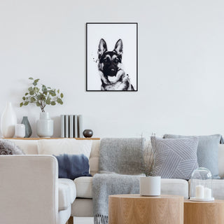 "German Shepherd" Black and White Pet Art on Printed Glass with Anodized Frame